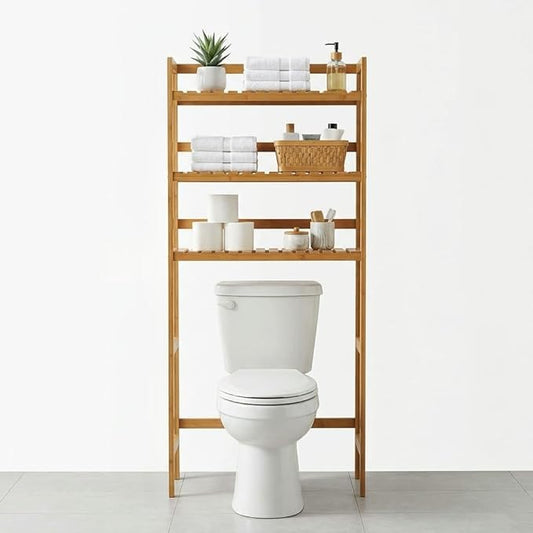 Over the Toilet Storage, 3-Tier Bamboo Bathroom Organizer with Adjustable Shelf, Space-Saving Rack, 66.9" Tall (Natural Color)