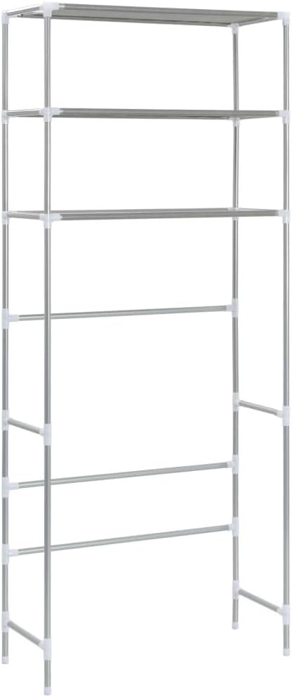 Three-Tier Storage Rack Over Laundry Machine in Silver Finish, 3 Shelves for Bathroom and Laundry Room Organization, Durable Stainless Steel Space-Saving Rack for Supplies