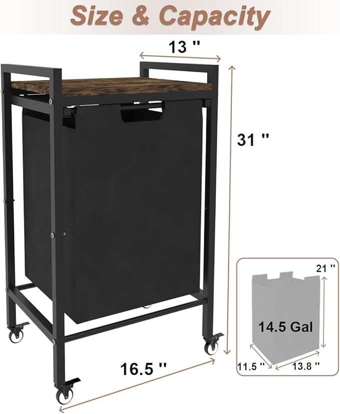 14.5 Gal Large Laundry Hamper with Wheels, Pull-Out & Removable Sorter Bags, Freestanding Clothes Basket Organizer for Clothing or Toys in Bathroom and Living Room, Rustic Brown and Black