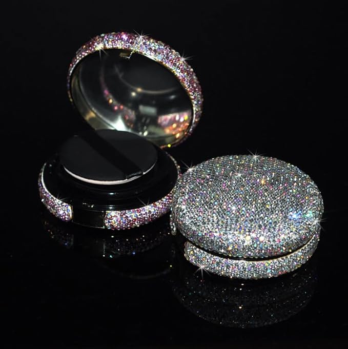 Bling Diamond Makeup Powder Empty Container, Cushion Foundation Case with Round Mirror, Air Cushion Puff Case, Foundation BB Cream Box -White