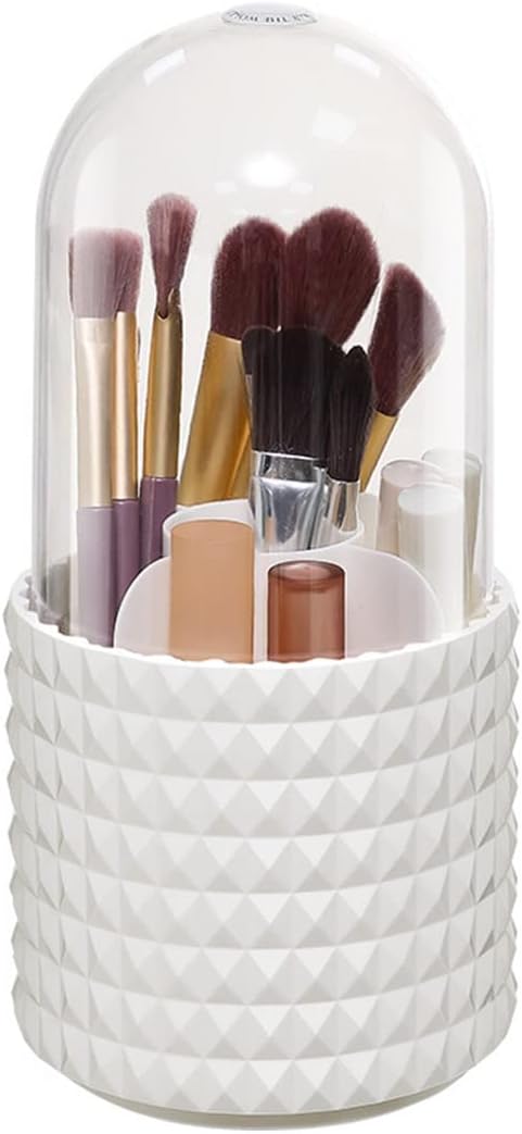 Makeup Brush Holder Organizer with Lid,360?? Rotating Dustproof Make Up Brushes Container with Clear Acrylic Cover, Spinning Cosmetics Holders Storage Cup with 5 Compartment for Vanity and Bathroom
