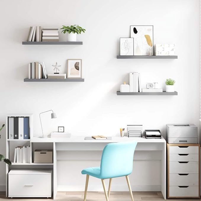 Set of 4 Floating Wall Shelves, 31.5-inch Modern Rectangular Display Ledge for Bedroom, Living Room and Office, Durable MDF Storage Organizers, Matte Grey