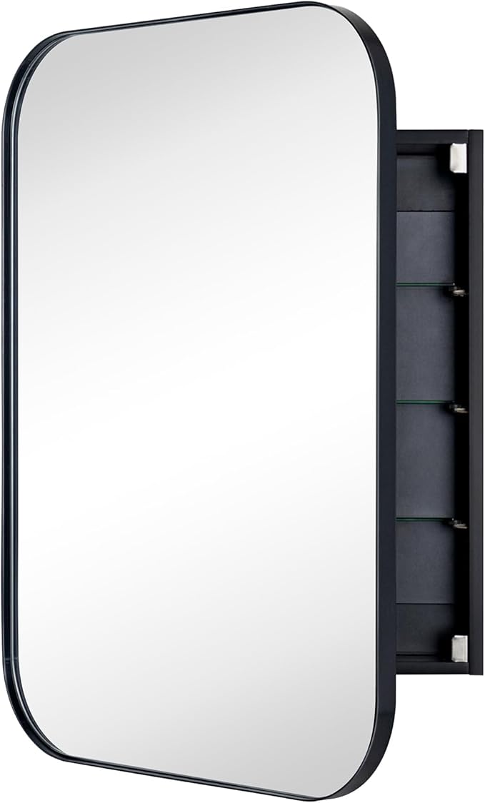 TEHOME Black Rectangle Bathroom Medicine Cabinet with Mirror Matt Black Recessed and Surface Mount Stainless Steel Metal Framed Rounded Rectangular Bathroom Cabinet with Mirror 22x30''