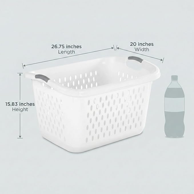 2.7 Bushel Jumbo Laundry Basket - Large Capacity Plastic Clothes Hamper with Reinforced Comfort Grip Handles - Vented Washing Bin for Family Rooms, Dorms, and Bathroom Organization - White