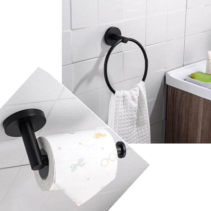 2pcs Matte Black Toilet Paper Holder and Towel Ring Set, Stainless Steel Hand Towel Holder and Towel Hanger with Hardware Pack