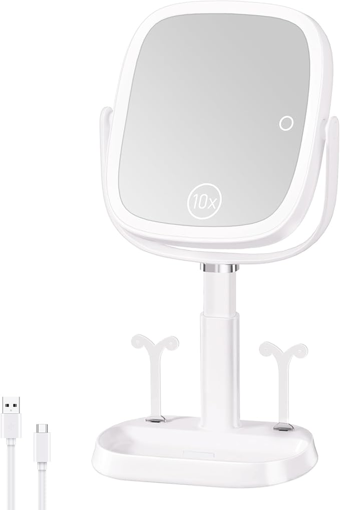 FRANO Vanity Mirror with Lights, Rectangular Lighted Makeup Mirror with 3 Color Lights, 1X/10X Magnification, Adjustable Height, 360° Rotation, 4000mAh Rechargeable for Desk, Gifts for Women