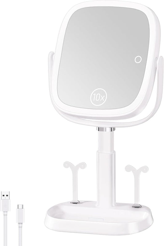 FRANO Vanity Mirror with Lights, Rectangular Lighted Makeup Mirror with 3 Color Lights, 1X/10X Magnification, Adjustable Height, 360° Rotation, 4000mAh Rechargeable for Desk, Gifts for Women