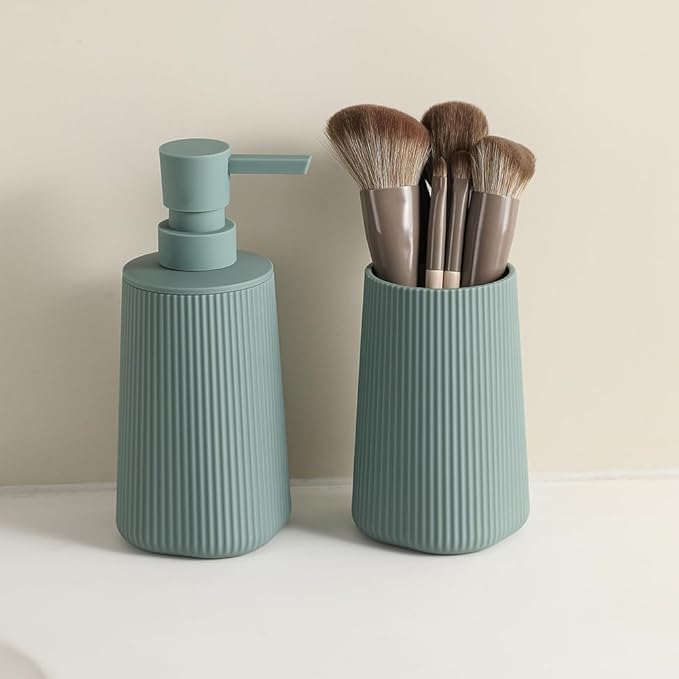 YAUKPH Bathroom Accessories Set 2 Piece Soap Dispenser and Toothbrush Holder for Bathroom Countertop Striped Green