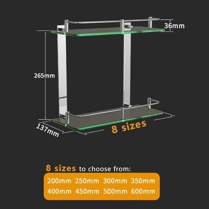 Tempered Glass Shelf Bathroom Shelves with Rail Wall Mounted Stainless Steel Punch Installation 250mm