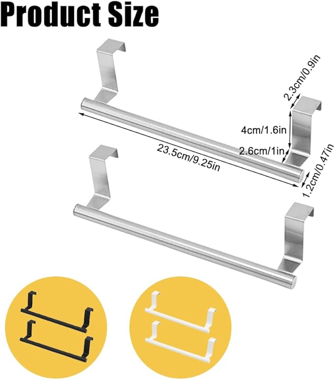 Cabinet Door Towel Bar, Dish Towel Rack for Cabinet, Stainless Steel Kitchen Towel Holder, Over The Door Hand Towel Hanger for Kitchen Bathroom Cupboard, 2 Pack (2*Small White)