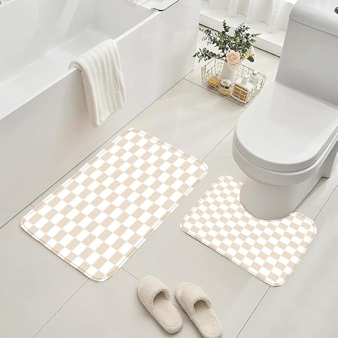 4 PCS Checkered Shower Curtain Sets Fun Gingham Bathroom Sets Soft Non Slip Bath Rugs Toilet Cover U-Shaped Mat Retro Bright Waterproof Shower Curtains with 12 Hooks for Tub Toilet, Beige