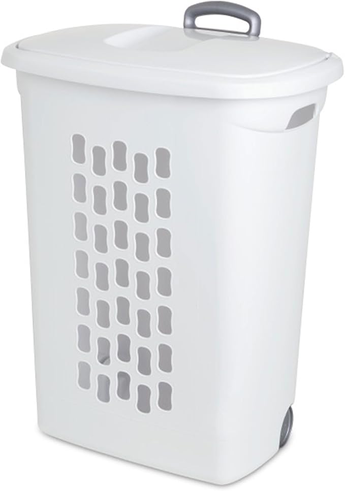 Sterilite 6-Pack Ultra Wheeled Hamper, Laundry Basket w/Flip-Top Lid & Retractable Handle - Plastic Rolling Clothes Storage Cart with Ventilated Holes for Home, Apartment or Dorm