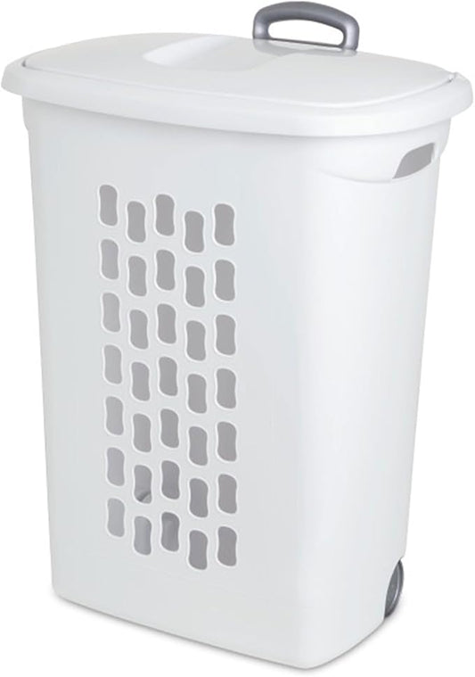 Sterilite 6-Pack Ultra Wheeled Hamper, Laundry Basket w/Flip-Top Lid & Retractable Handle - Plastic Rolling Clothes Storage Cart with Ventilated Holes for Home, Apartment or Dorm