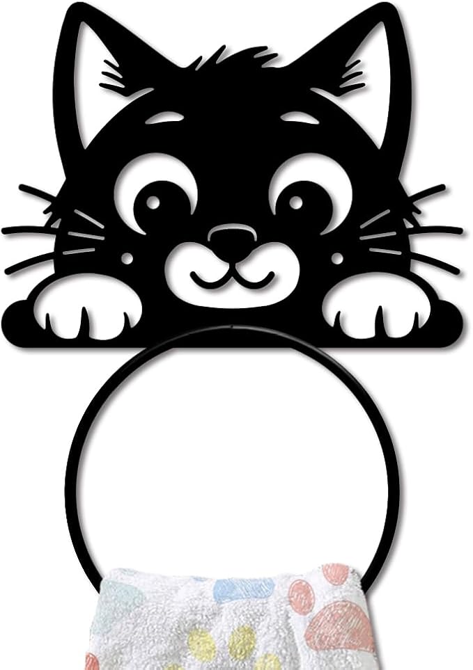 MAYJOYDIY Cute Cat Metal Towel Ring Cute Animal Towel Holder Peeping Cat Bath Towel Ring for Wall Black Art Towel Rack Wall Mounted for Bathroom Kitchen Towel Hanger Home Decors Gift