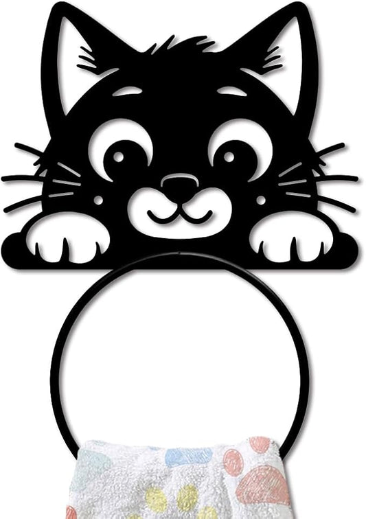 MAYJOYDIY Cute Cat Metal Towel Ring Cute Animal Towel Holder Peeping Cat Bath Towel Ring for Wall Black Art Towel Rack Wall Mounted for Bathroom Kitchen Towel Hanger Home Decors Gift