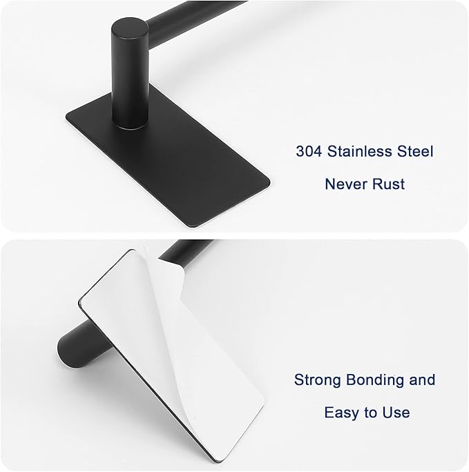 NearMoon Self Adhesive Bathroom Towel Bar- Stainless Steel Bath Wall Shelf Rack Hanging Towel Stick On Sticky Hanger Contemporary Style, NO Drilling (2 Pack, Matte Black, 24-Inch Towel Rack)