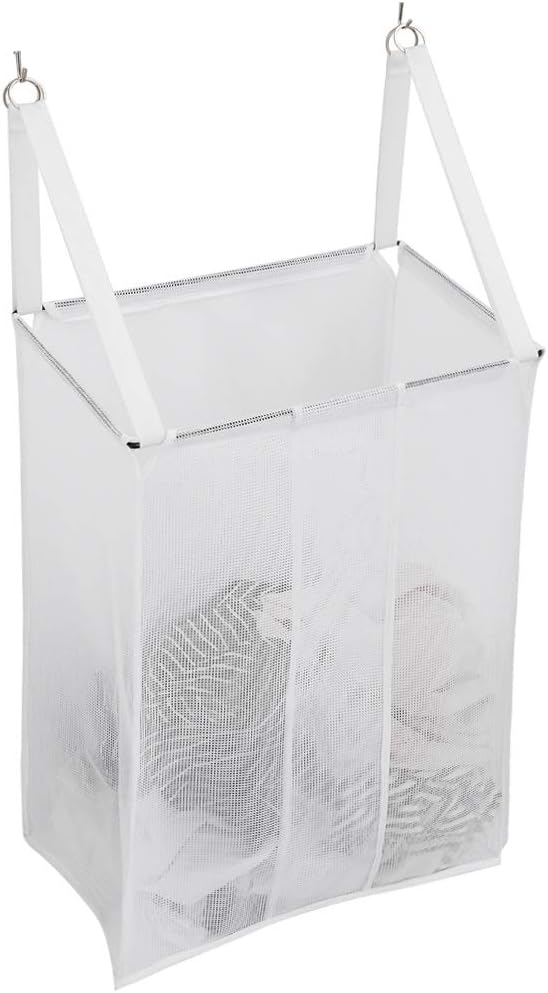ALYER Wall Hanging Mesh Laundry Hamper,Over the Door Large Storage Bag with Big Metal Support Opening,Hardware Included (White)