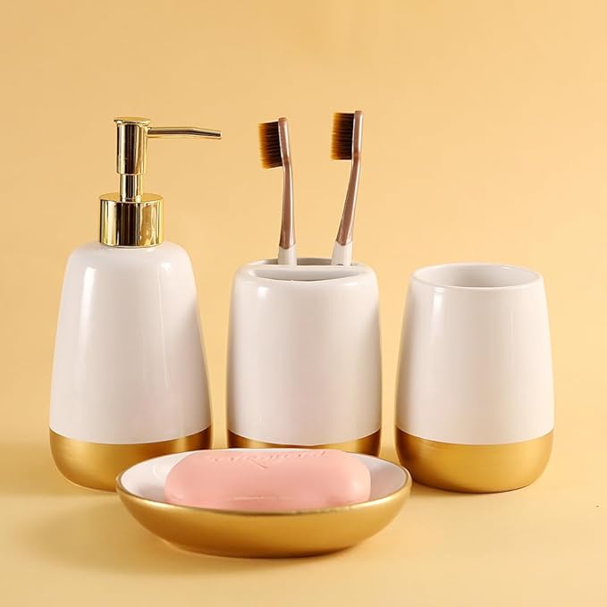 Elegant White with Gold Bathroom accesory Set 4pc,Toothbrush Holder soap Dispenser soap Dish Tumbler Cup for Bathroom Decor Morden Style (White 2)