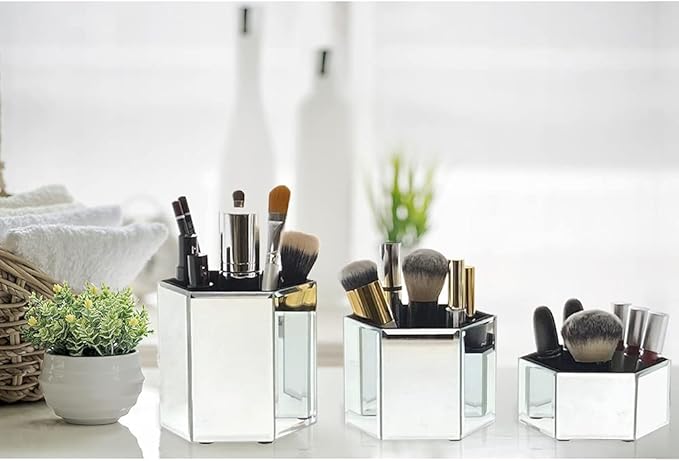 OnDisplay Tressa Set of 3 Hexagon Mirrored Trays for Makeup/Cosmetics, Brushes, Office, Jewelry and Accessories (Silver)
