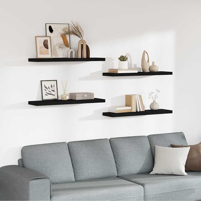 Floating Wall Shelves Set of 4, Black Modern Invisible Mounting Display Rack for Living Room Bedroom, 35.4 x 9.3 Inches, Honeycomb MDF and Metal Frame, Holds 22lb Each