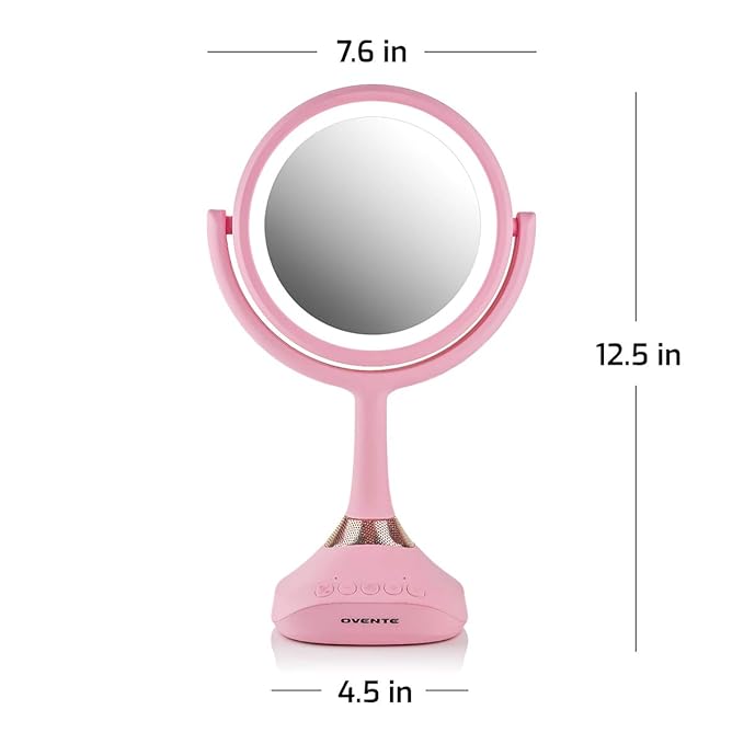 Ovente Lighted Vanity Mirror, Table Top, 360 Degree Spinning 6'' Double Sided Circle LED 1X 5X Magnifier with MP3 Audio, Built-in Wireless Speaker, Rechargeable, USB Operated, Baby Pink MRT06P1X5X