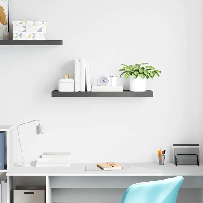 Floating Wall Shelf 31.5 Inch, High Gloss Grey MDF Decorative Display Ledge for Living Room Bedroom, Modern Minimalist Wall Mounted Storage Shelf