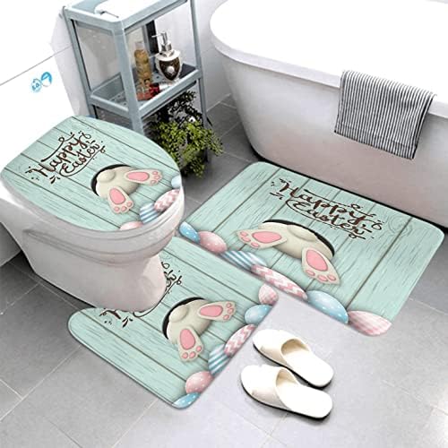 LOKMU 4 Pcs Shower Curtain Sets with Non-Slip Rugs, Toilet Lid Cover and Bath Mat,Easter Motive White Bunny on The Bottom Waterproof Shower Curtain with 12 Hooks, Bathroom Decor Sets, 72" x 72"