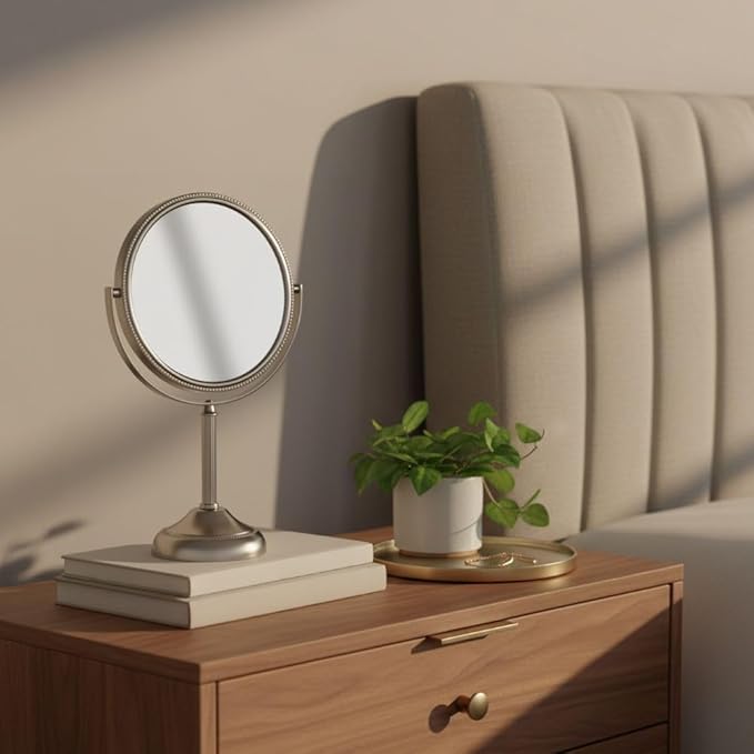JERDON Two-Sided Tabletop Makeup Mirror - Makeup Mirror with 10X Magnification & Swivel Design - Portable 6-Inch Diameter Mirror in Nickel Finish - Model JP910NB