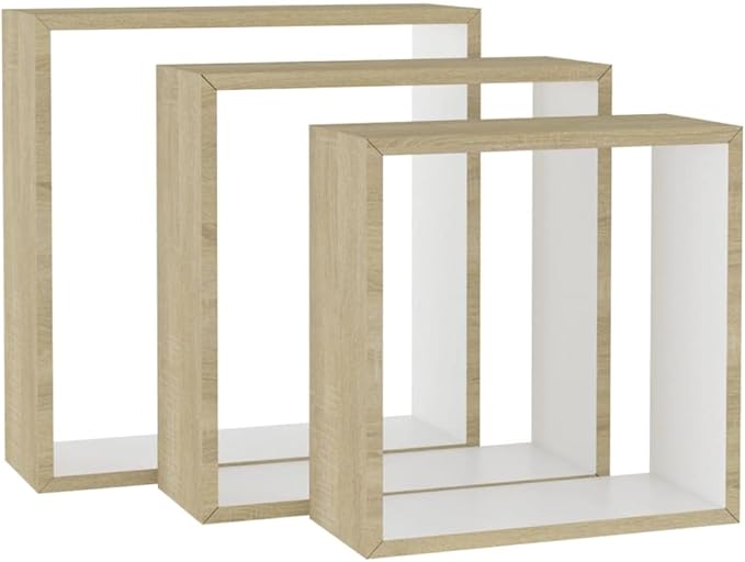 Wall Cube Shelves 3 pcs White and Sonoma Oak Modern Floating Shelves Set for Living Room Bedroom Decor with Invisible Mounting System Storage Display Organizer