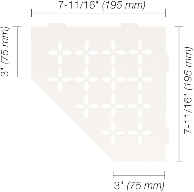 Schluter Pentagonal Corner Shelf for Tiled Walls - Floral Design, Aluminum Material, Matte White Finish, 3/32" Thick Anchoring Tabs - SES2D5MBW