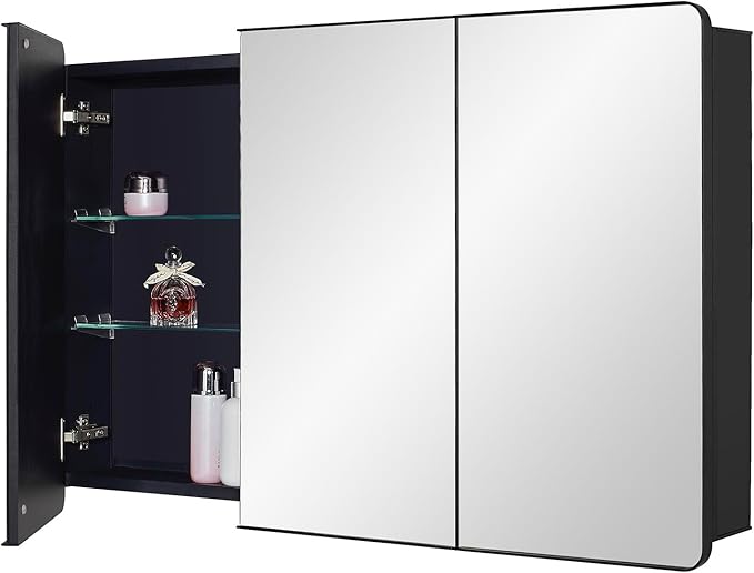 IDYLLOR Black Bathroom Medicine Cabinet with Round Corner Framed Door, 40 x 25.5 inch, Recessed or Surface Mount, with Adjustable Glass Shelves