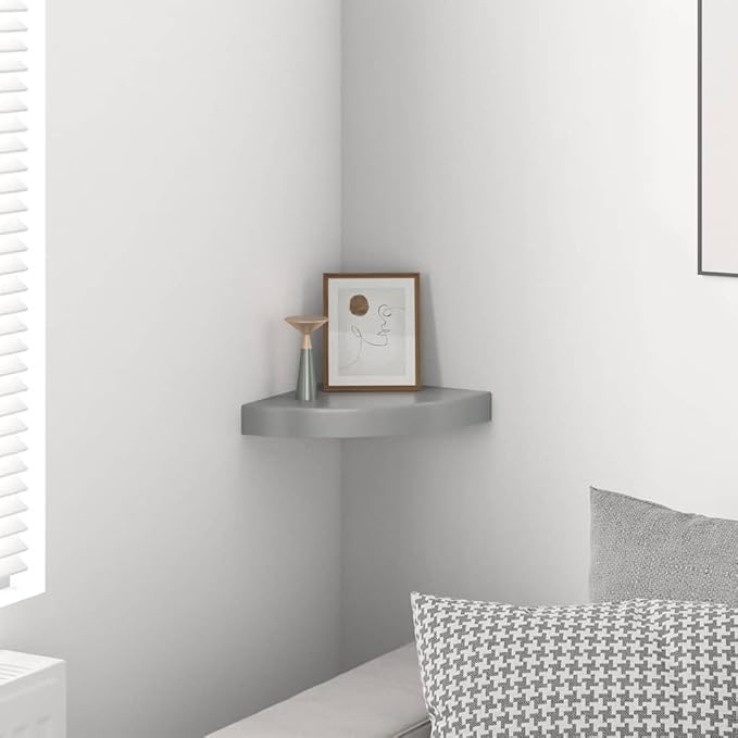 Floating Corner Shelf for Wall, High Gloss Gray Modern Display Shelf, 9.8x9.8 Inches, Invisible Mounting for Bathroom, Living Room, Office Decor, Holds 11 lbs, Easy Install Honeycomb MDF and Metal