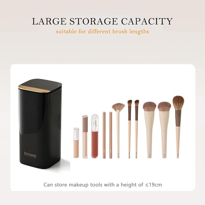 Push Pop-Up Makeup Brush Holder with Lid,4 Slots Makeup Brush Organizer, Makeup Cosmetics Organizer for Vanity Decor, Bathroom Countertop, Large Dustproof Cosmetic Brushes Container, Black