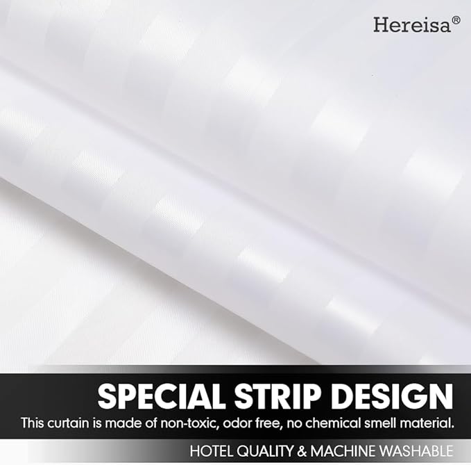 Strip White Fabric Shower Curtain with Magnets - 85 GSM Heavy Duty Waterproof Bath Curtain, 12 Reinforced Metal Grommets (72x72 Inches)