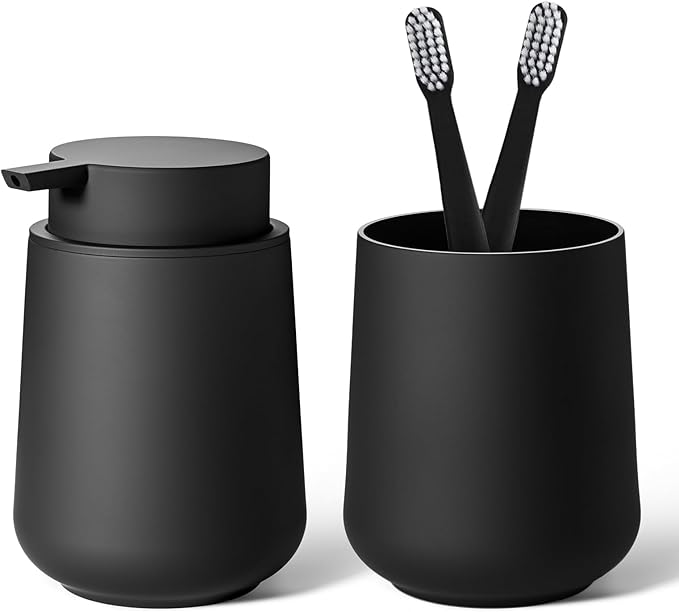 Matte Black Bathroom Accessories Set Plastic Hand Soap Dispenser and Toothbrush Holders 2 Piece