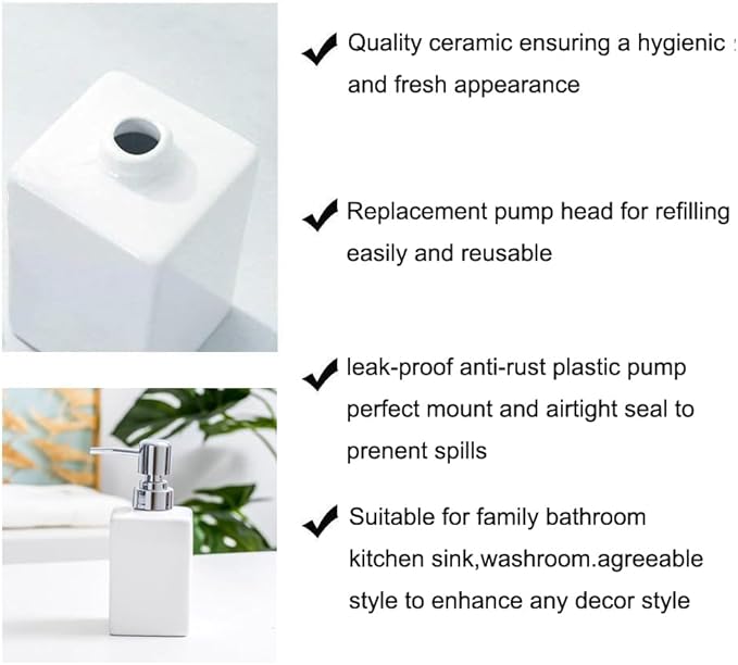 White Bathroom Accessories Set,Ceramic Soap Dispenser and Toothbrush Holder with Tray,Modern Decor Square Countertop Bath Set with Toothbrush Cup