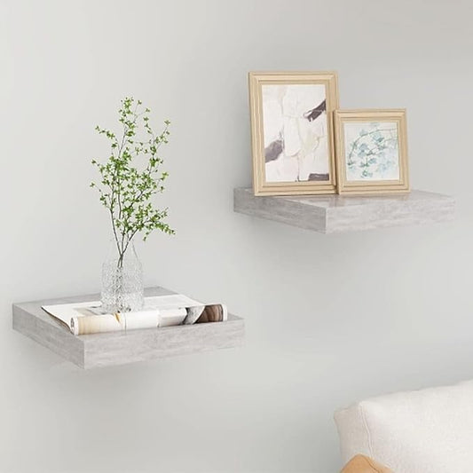 Floating Wall Shelves 2 Pack Concrete Gray Modern Display Rack with Invisible Mounting System for Home Decor, Books, Collectibles, 9.1x9.3 Inches MDF Board