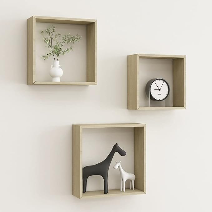 Wall Cube Shelves 3 pcs Sonoma Oak Modern Floating Shelves Set for Living Room Bedroom Decor with Invisible Mounting System for Photos Books Display