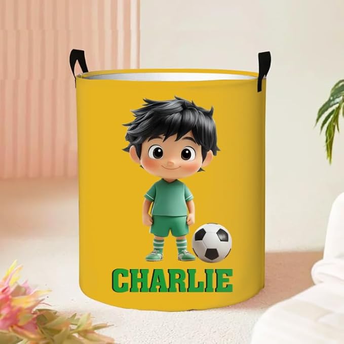 callie Personalized Soccer Laundry Basket for Kids, Custom Cartoon Character Toys Hamper Storage, Soccer Gifts for Boys Girls (13.8" x 16.5", 15.7" x 19.6")