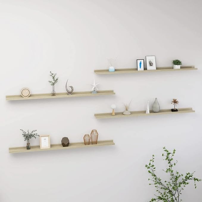 Sonoma Oak Wall Shelves Set of 4, 45.3 Inch Floating for Living Room Bedroom Kitchen, Heavy Duty MDF Storage Shelves for Decor Books Plants, Easy Mount Shelving Unit with Natural Wood Finish