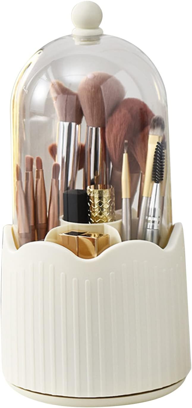 PerGar Makeup Brush Holder Organizer with Compartments, Transparent Dustproof 360 Degrees Rotatable Brush Storage Box with Lid, Cute Countertop Cosmetics Storage Cup for Vanity(Cream Yellow)