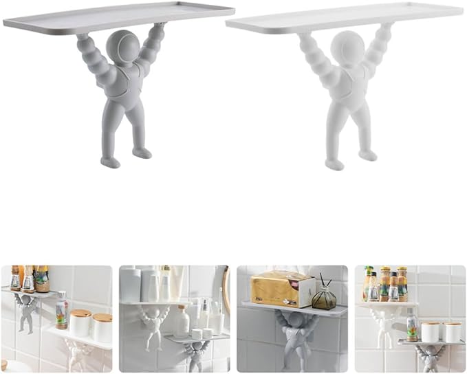 2pcs Wall-Mounted Spaceman Storage Rack Bathroom Shelf No-Drill Hanging Organizer Decorative Bathroom Wall Rack for Shampoo Razor Toothbrush Holder