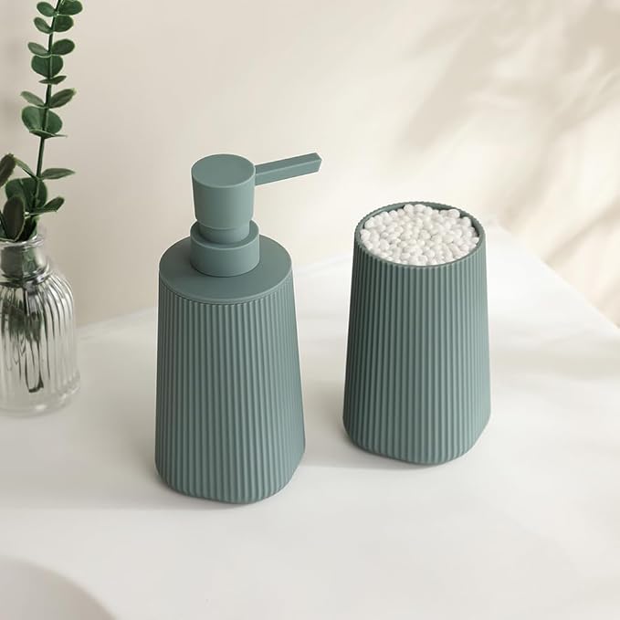 YAUKPH Bathroom Accessories Set 2 Piece Soap Dispenser and Toothbrush Holder for Bathroom Countertop Striped Green