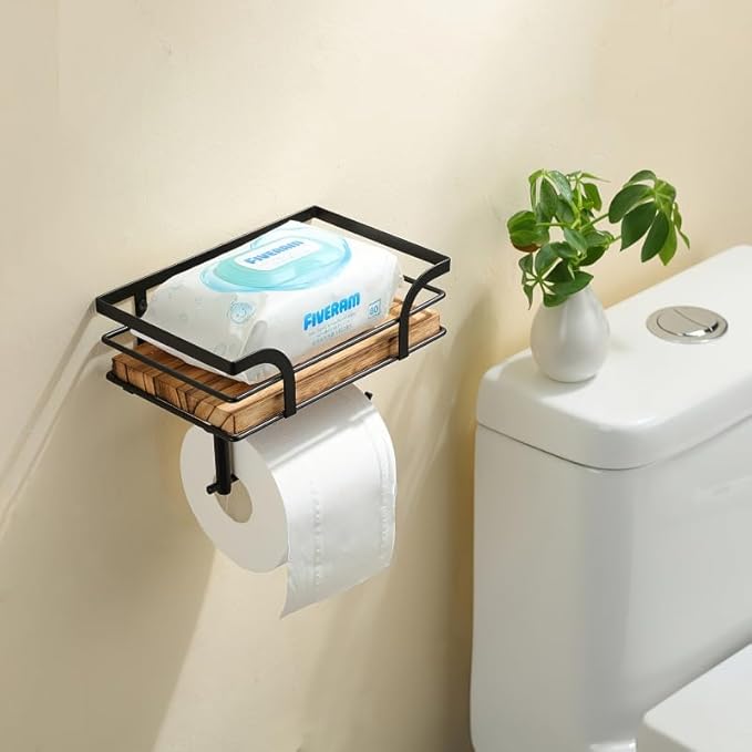 Bathroom Shelf Over Toilet, Wall Mounted Tissue Holder and Storage Shelf, Space Saver Organizer for Bathroom with Wood Board, Black