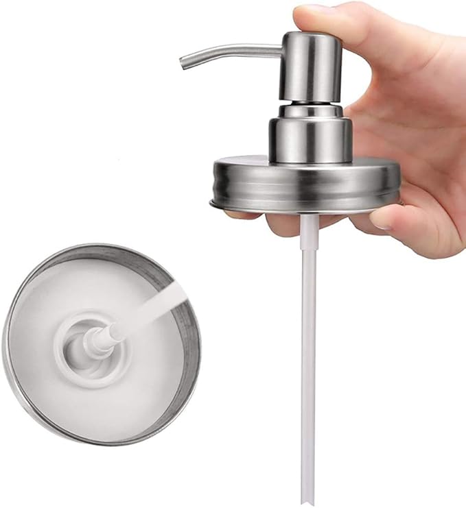 4 Pack Mason Jar Soap Dispenser Lids with Pumps, Rustproof Stainless Steel, Lotion Soap Dispenser Lids Replacement for 16 oz Regular Mouth Mason Jar Decor, 4 Brushes Included Silver