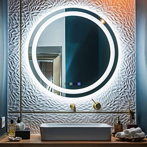 28 Inch Round LED Bathroom Mirror with 3 Color Modes, Touch Dimmer, Anti-Fog - Wall Mount Lighted Vanity Mirror for Makeup, Dressing Room - Fab Glass and Mirror