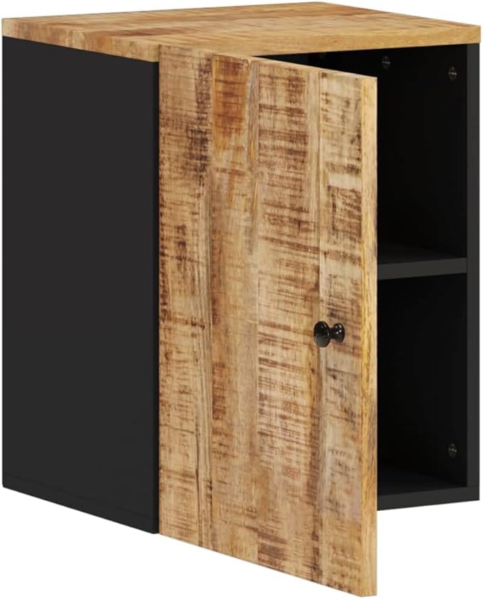 Natural Brown and Black Rustic Bathroom Wall Cabinet with Solid Mango Wood Storage Shelf for Organizing Toiletries Towels Cleaners