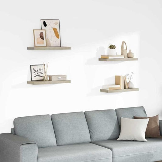 Set of 4 Floating Wall Shelves, Modern Oak MDF Storage Ledges for Living Room, Bedroom, and Office, 23.6 Inch Wide Decorative Display Shelves