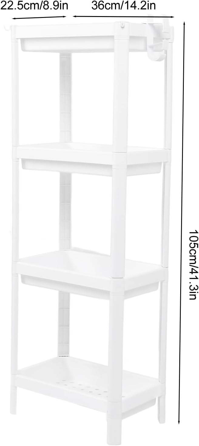 Narrow Freestanding Bathroom Shelf, Space Saving Storage Rack White Laundry Shelf for Bathroom Laundry Room Kitchen Bedroom Compact Areas (4 Layers)