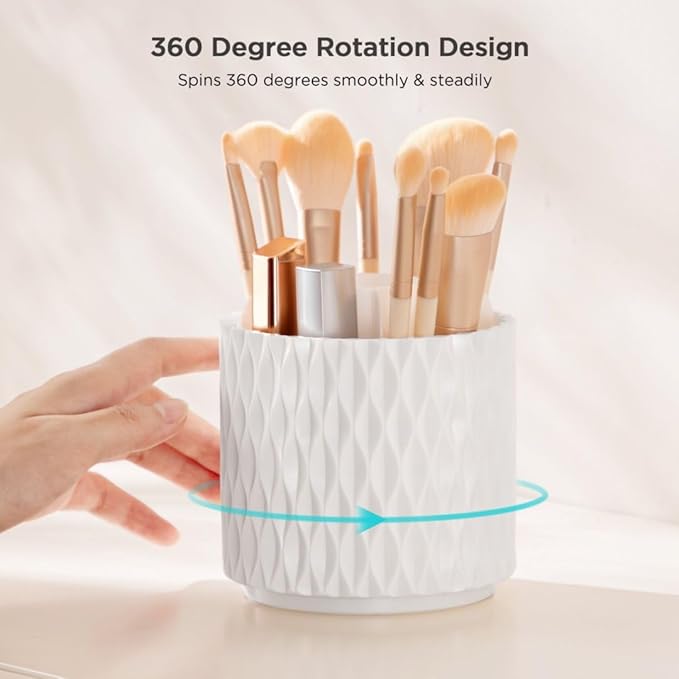 HBlife Makeup Brush Holder 360 Rotating Makeup Brush Organizer with Cover Cosmetic Organizer Dustproof Makeup Brushes Container Spinning Brush Holder for Vanity and Bathroom, Ripple